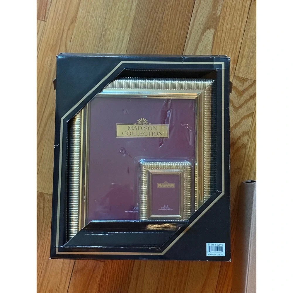 Madison Collection Solid Brass Ribbed Picture Frame Set 8x10 and 2x3 Gold Tone